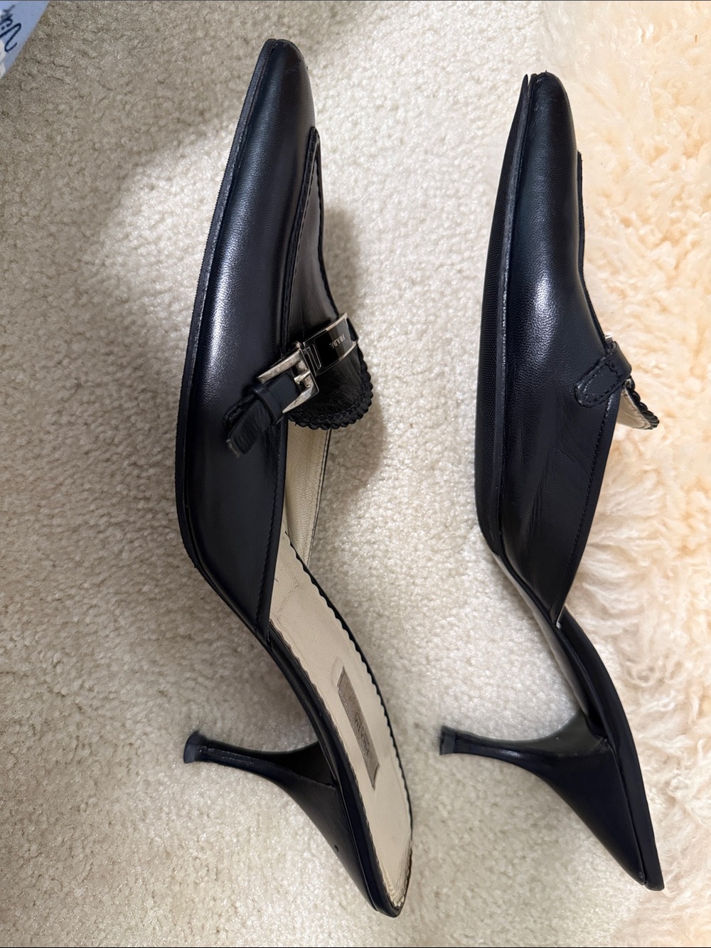 Vintage Prada Black Leather Pointed Mules with Metal Logo Plaque - Picture 4 of 5